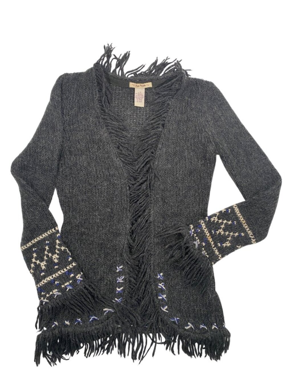 Free People vintage Y2K Fringe Open Cardigan Sweater L Wool Blend Boho Embroider - Picture 3 of 10
